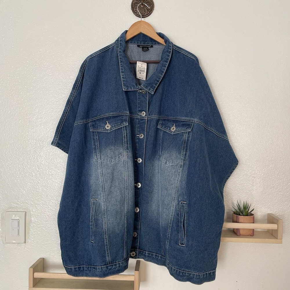 NWT Ashley Stewart Denim Button Up Poncho‎ Jacket Light Wash With Side Buttons